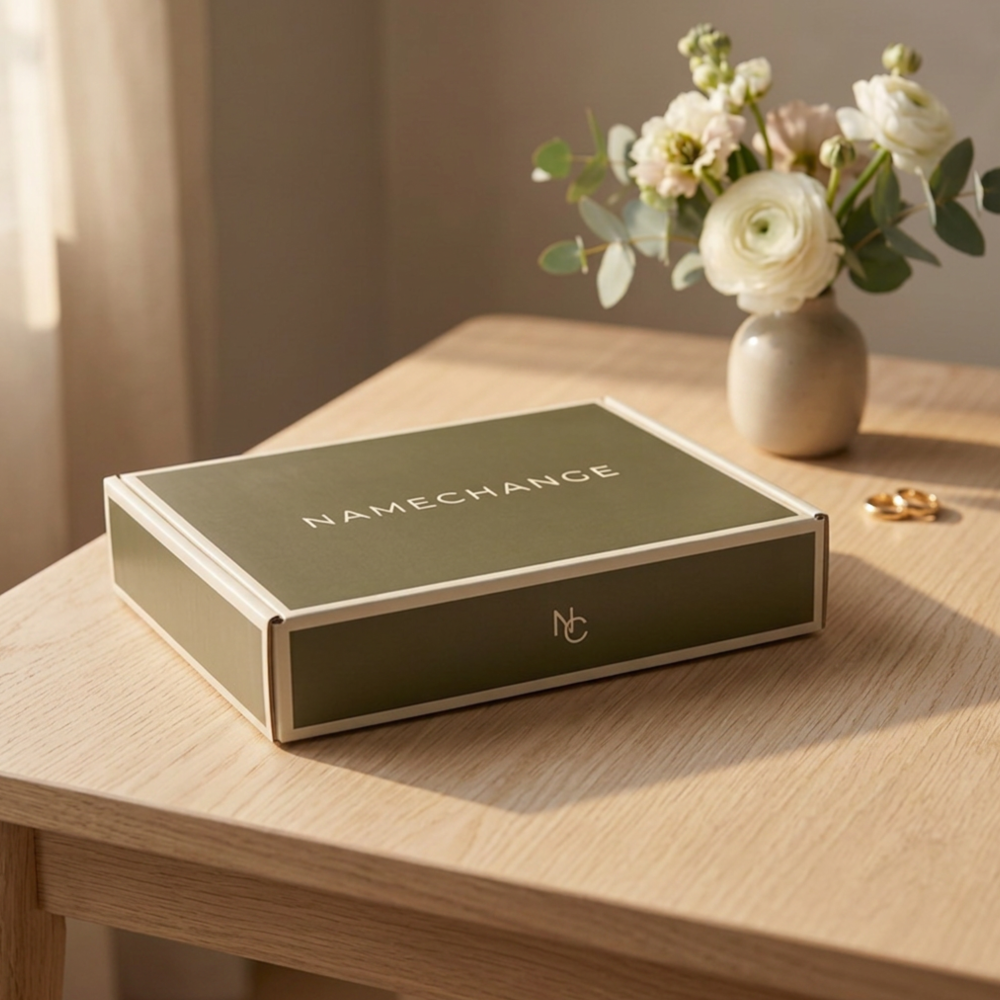 NameChange Olive Drift kit box on a white oak table beside wedding flowers and gold rings, name change after marriage checklist