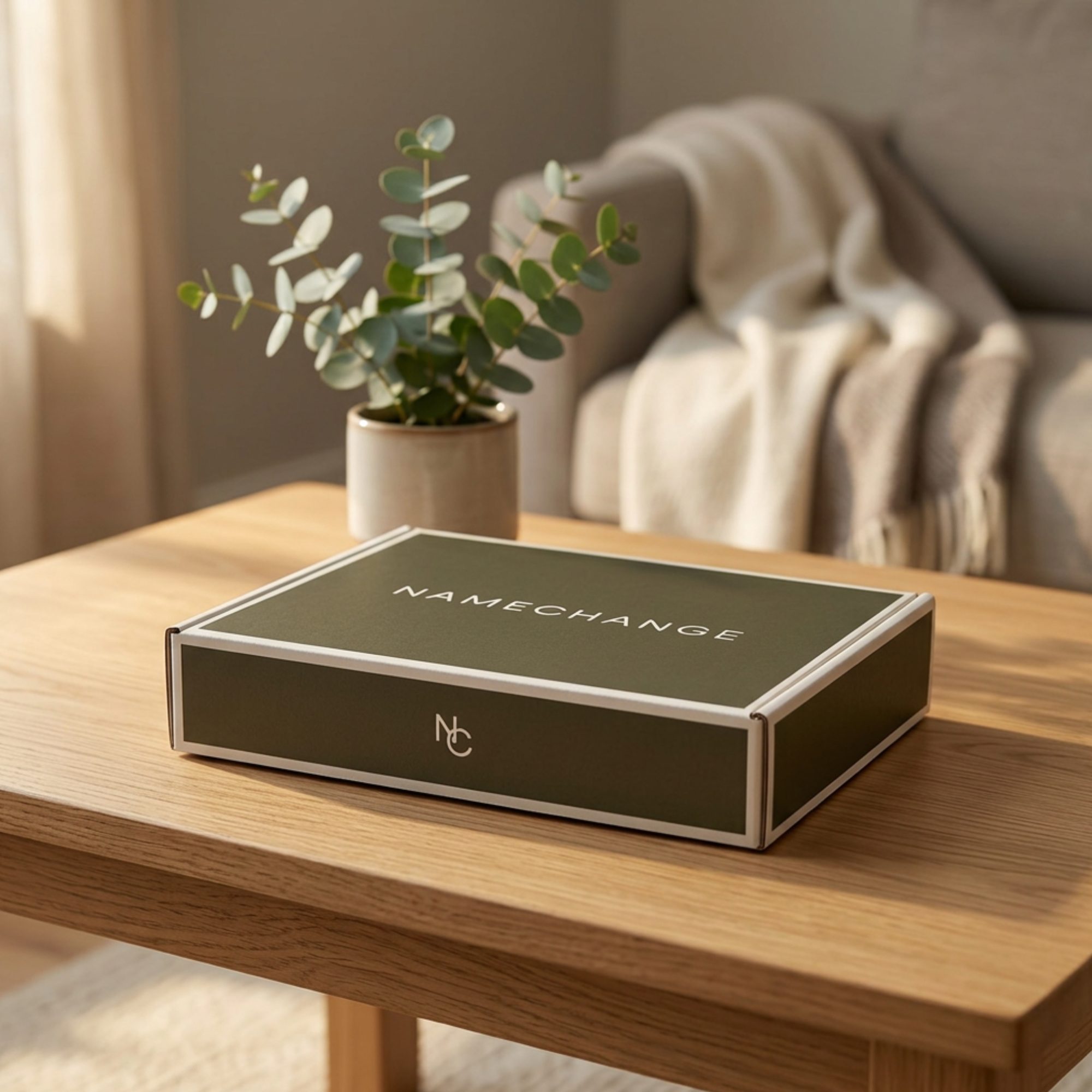 NameChange Olive Drift kit box on a living room coffee table with eucalyptus, changing the name on a deed after divorce