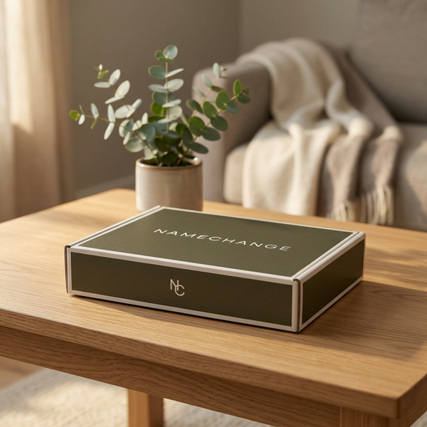 NameChange Olive Drift kit box on a living room coffee table with eucalyptus, changing the name on a deed after divorce