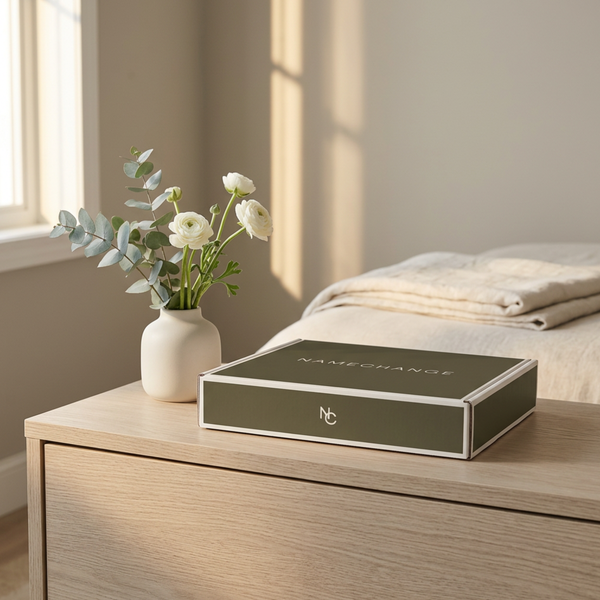 NameChange Olive Drift kit box on a white oak dresser with eucalyptus and ranunculus, how to change your name back after divorce