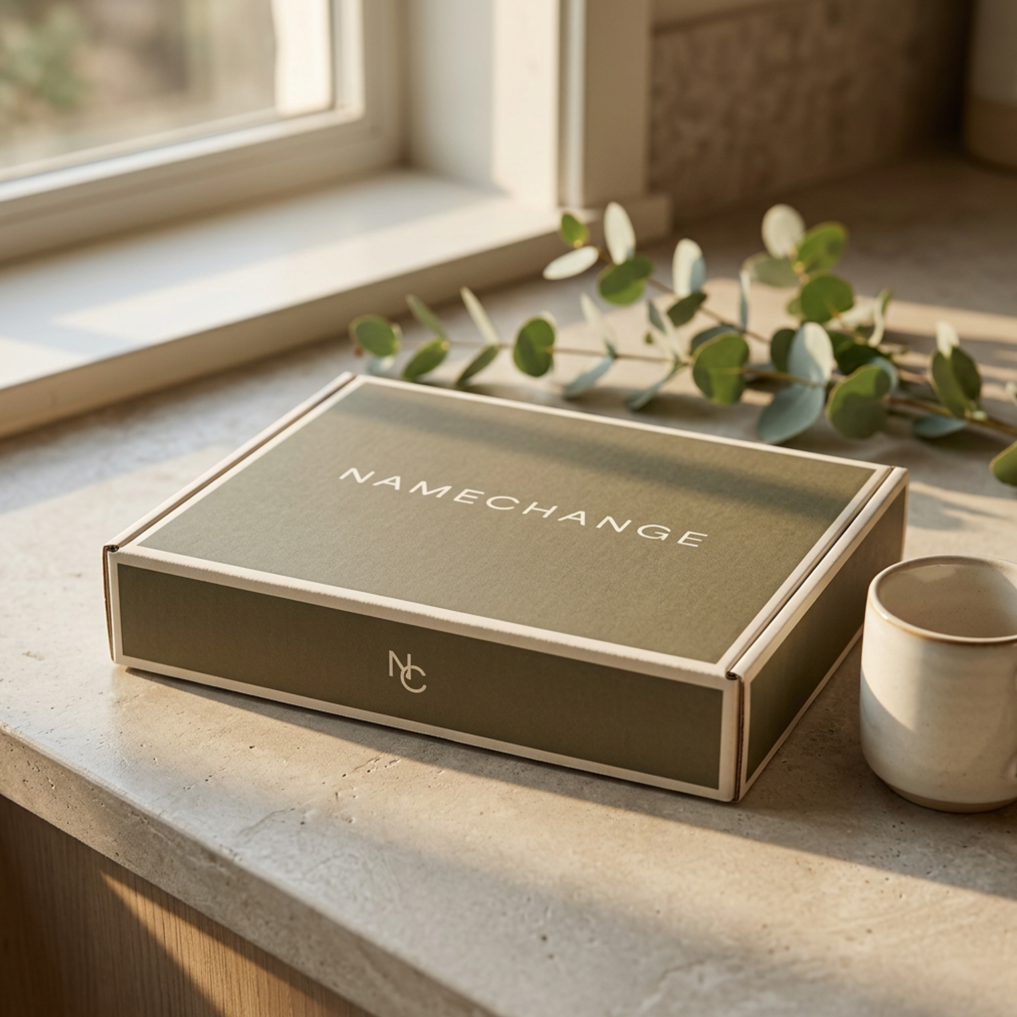 NameChange Olive Drift kit box on a kitchen countertop with eucalyptus and a coffee cup, divorce name change checklist