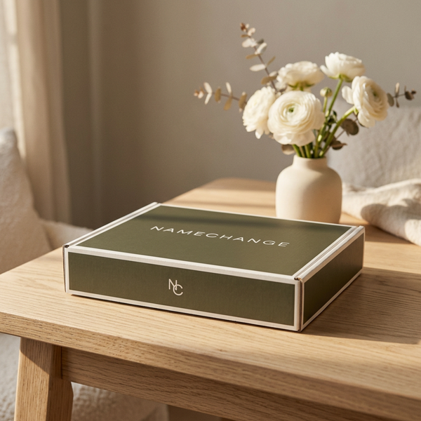 NameChange Olive Drift kit box on a white oak table with white ranunculus, Social Security card name change after divorce
