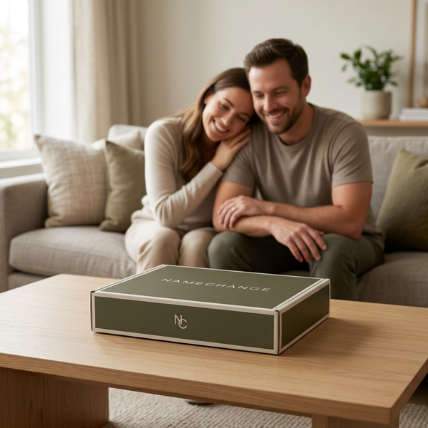 Married couple on a sofa smiling at a NameChange name change kit box on their coffee table