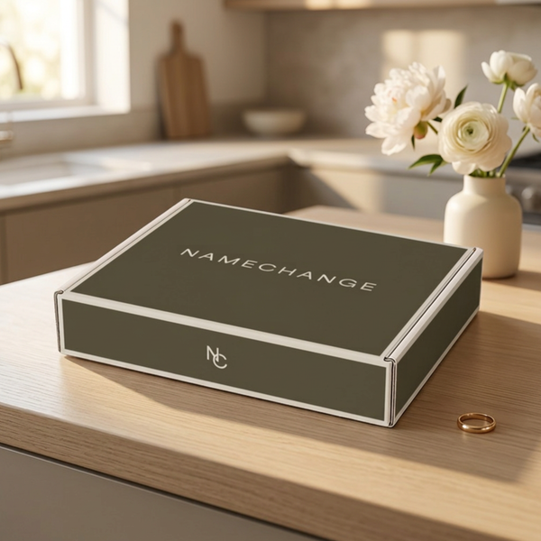 NameChange name change kit box on a kitchen counter with a wedding ring, for changing your name after marriage
