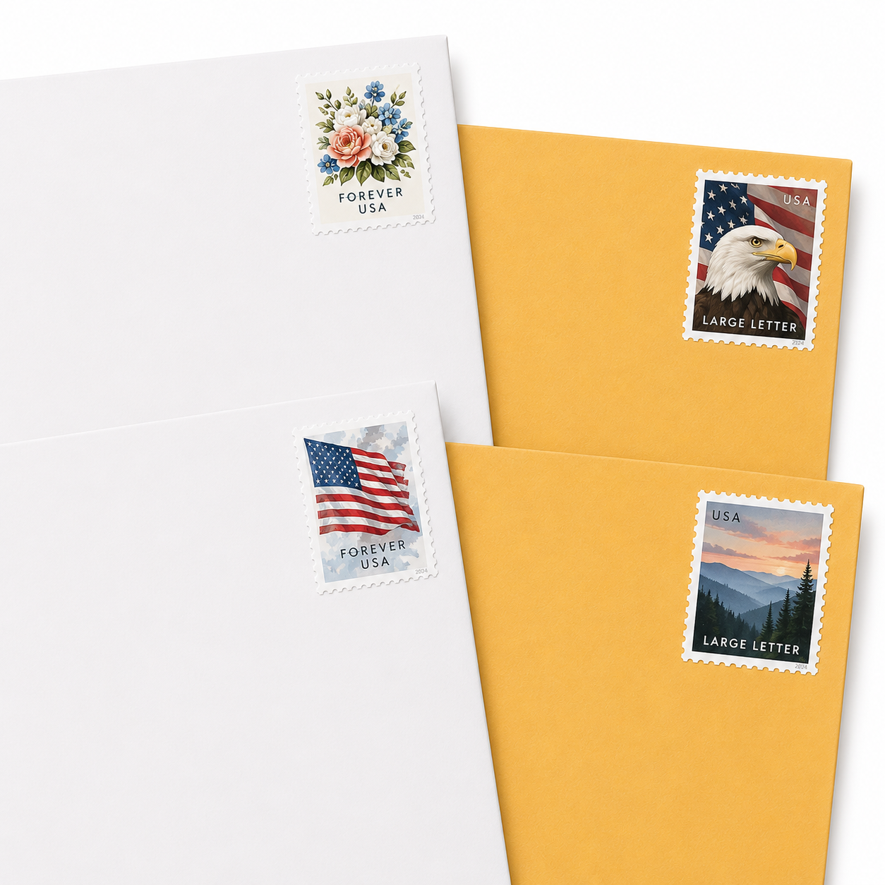 Two white letter envelopes with USPS Forever stamps and two large manila envelopes with USPS Large Letter stamps, already applied